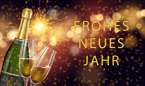 Weihnachtsgruss "Frohes neues Jahr" mit Sekt und Wunderkerze